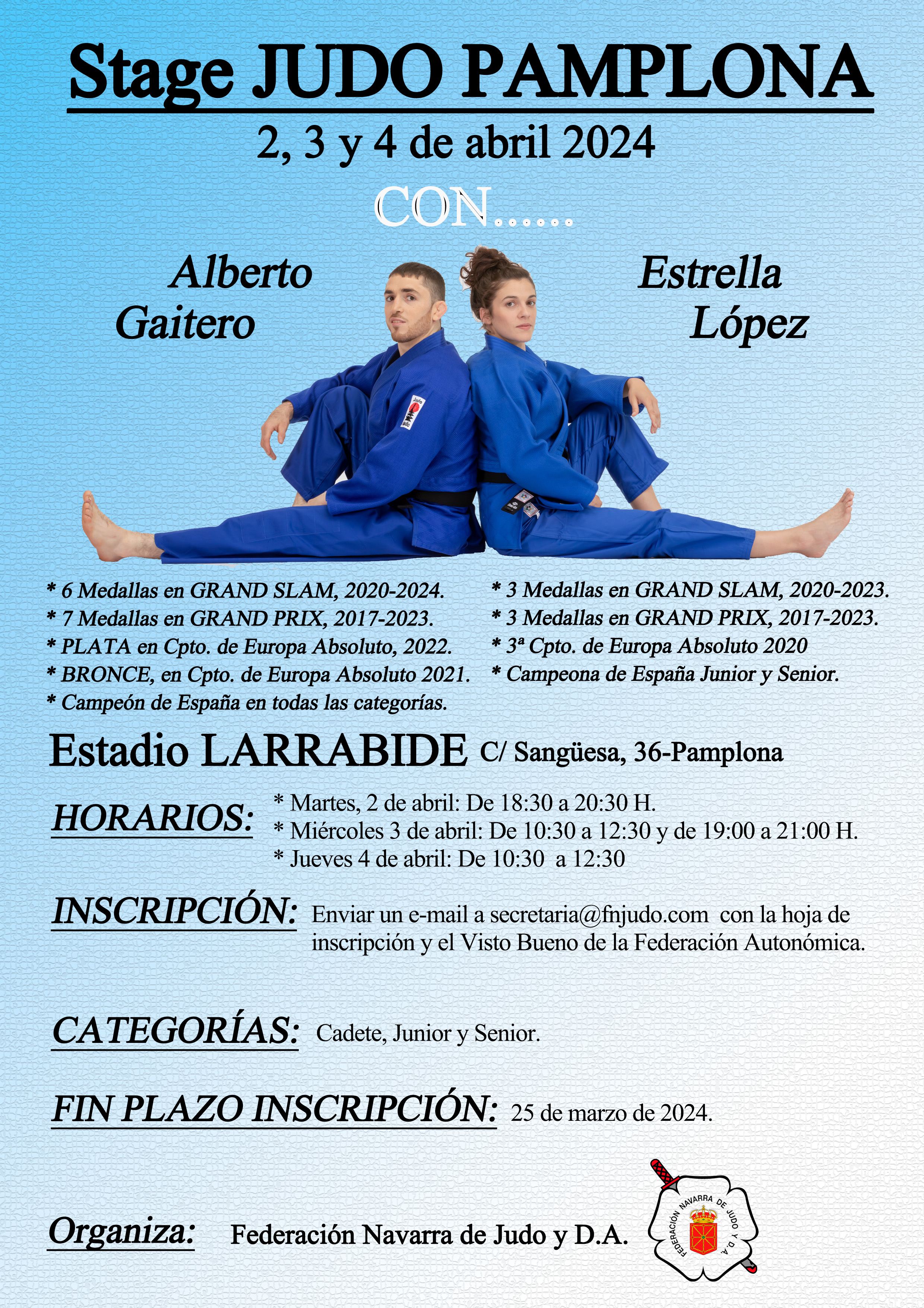 Stage Judo en Pamplona con Alberto Gaitero y Estrella Lopez, del 2 al 4 de abril de 2024